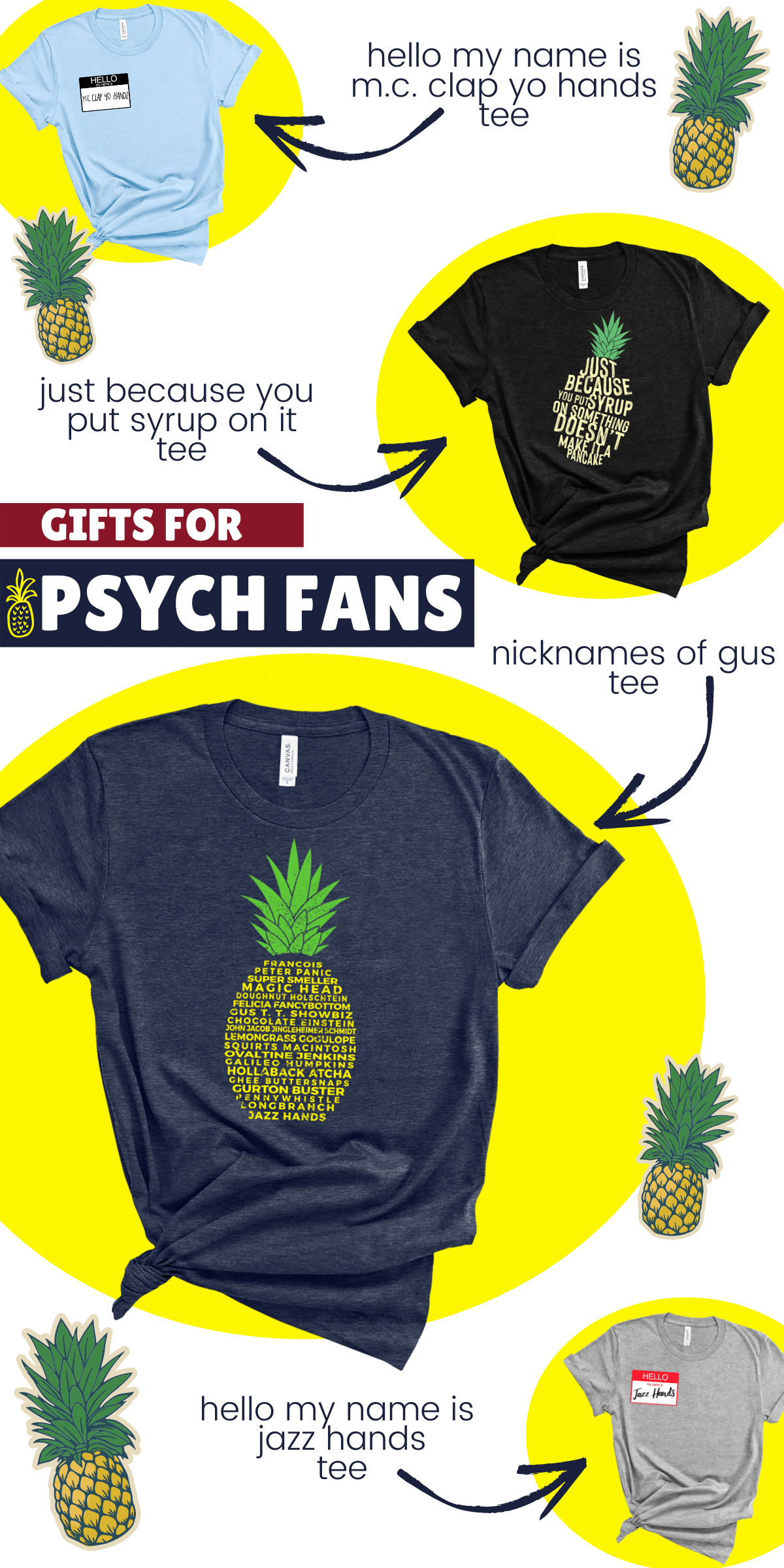 Psych TV show t-shirts on white background with yellow circles behind them