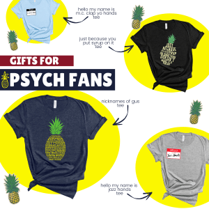 Psych TV show t-shirts on white background with yellow circles behind them