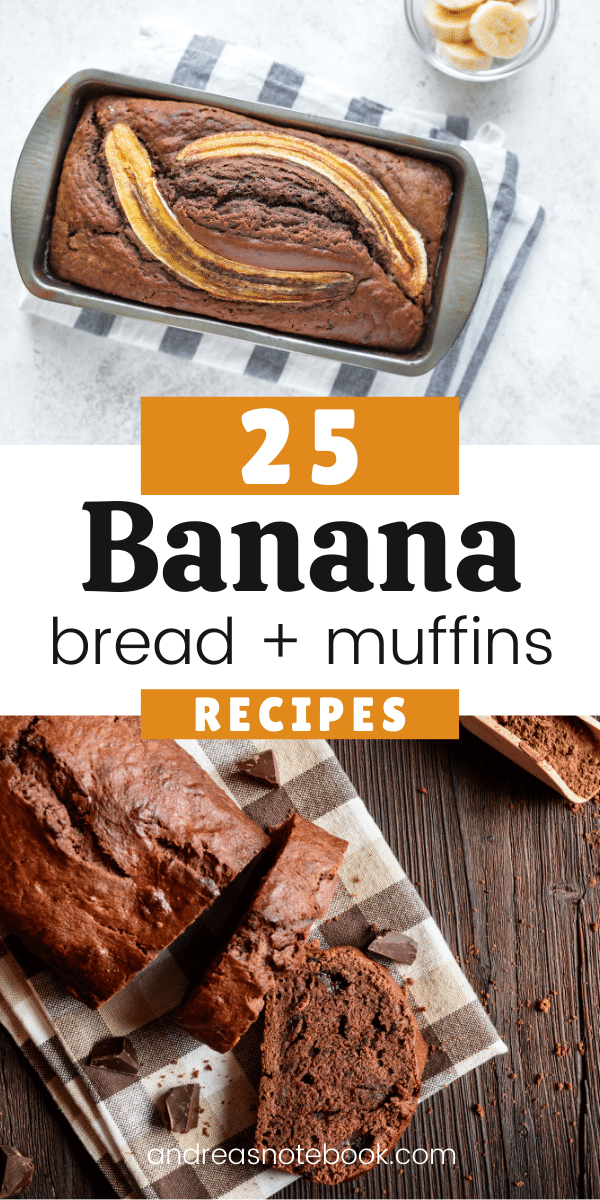 banana bread and muffin photo collage with text that says banana bread + muffins recipes