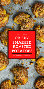 PIN - image of smashed potatoes on a baking sheet - text says crispy smashed roasted potatoes
