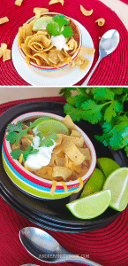 taco soup with fritos in a bowl on red placemat