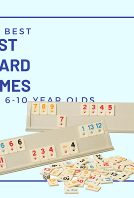 4 colored game pieces and white die | text says ages 6-10 the best family board games
