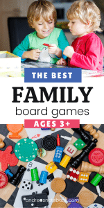 4 colored game pieces and white die | text says ages 3+ the best family board games