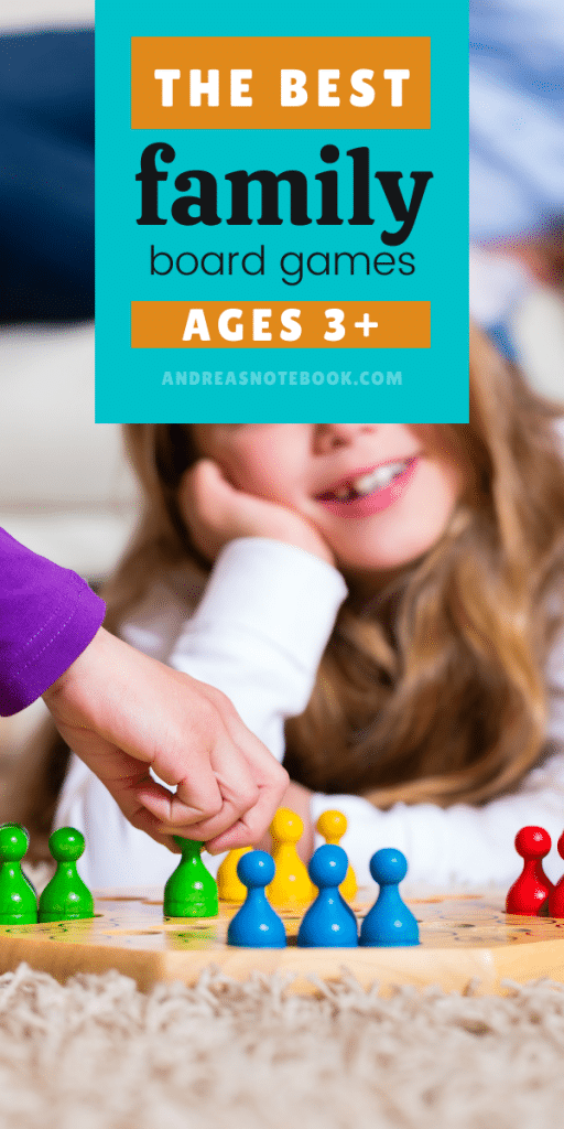 kids playing a board game and white die | text says ages 3+ the best family board games