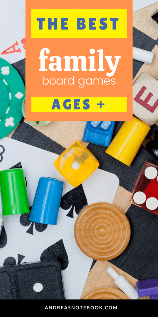 4 colored game pieces and white die | text says ages 3+ the best family board games