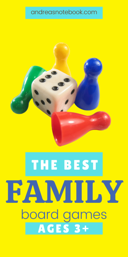 4 colored game pieces and white die | text says ages 3+ the best family board games