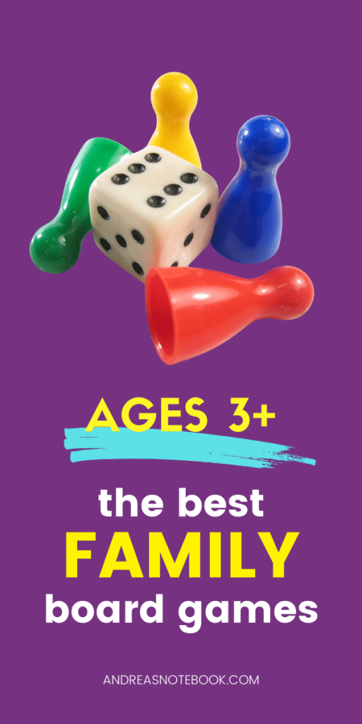 4 colored game pieces and white die | text says ages 3+ the best family board games