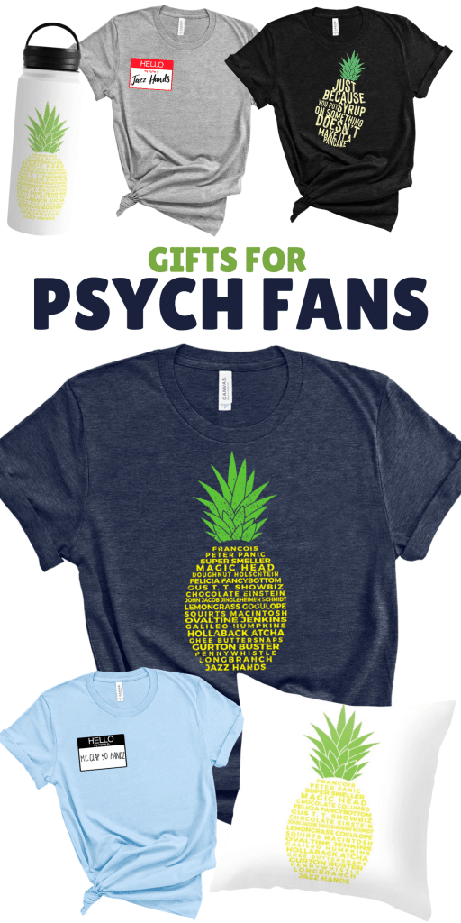 Gifts for Psych Fans - t-shirts collage and water bottles and pillow