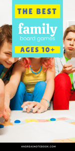 text: the best family board games ages 10+ | image of bag of game pieces on gray background