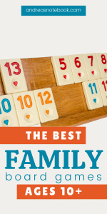 text: the best family board games ages 10+ | image of bag of game pieces on gray background