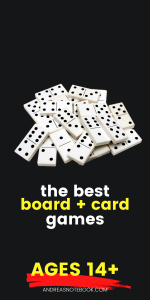 text: best board games for ages 14 and up | image: dominoes