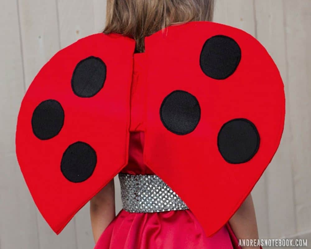 Girl wearing red ladybug wings.