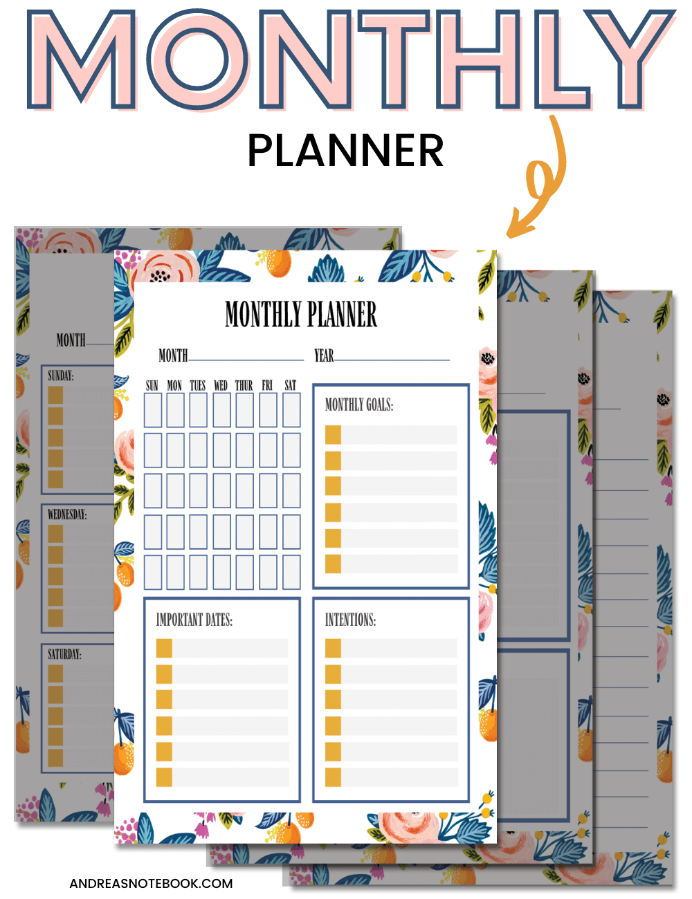 free planner - image of 4 free planner sheets on top of one another - highlighting monthly planner sheet