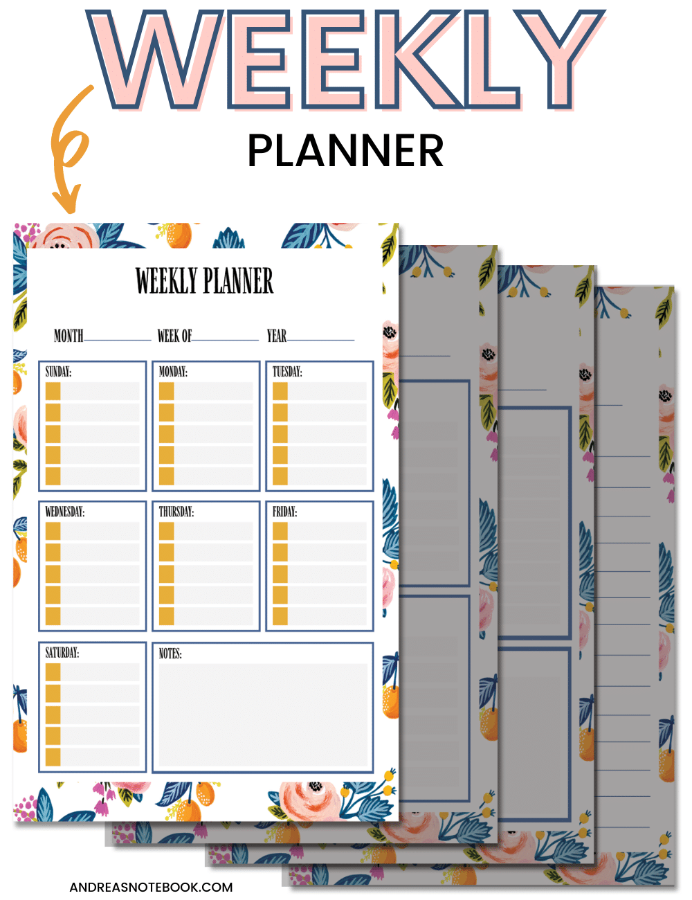 free planner - image of 4 free planner sheets on top of one another- highlighting weekly cute free planner sheet