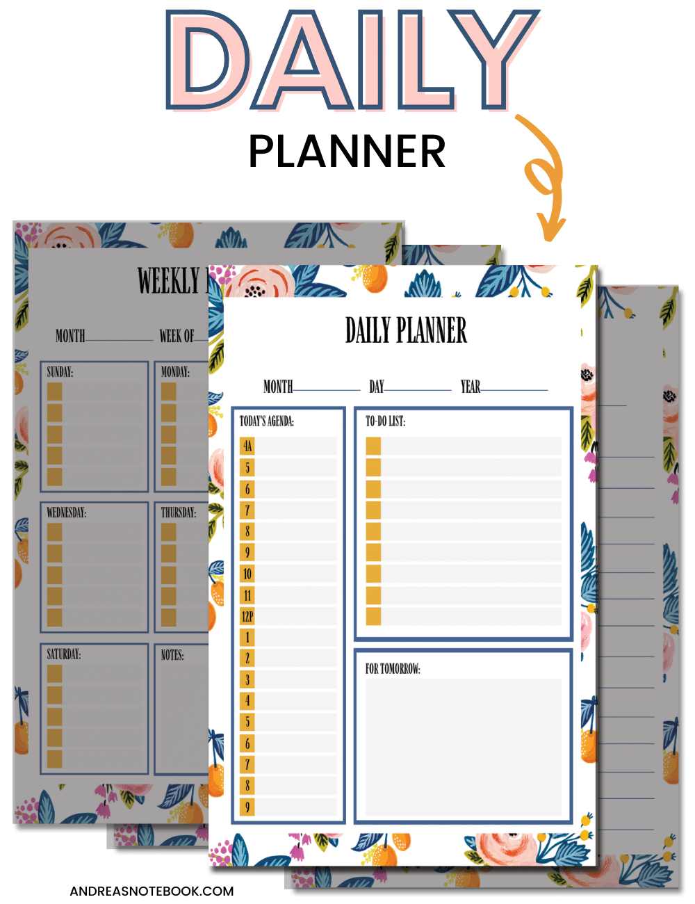 free planner - image of 4 free planner sheets on top of one another- highlighting cute free daily planner sheet