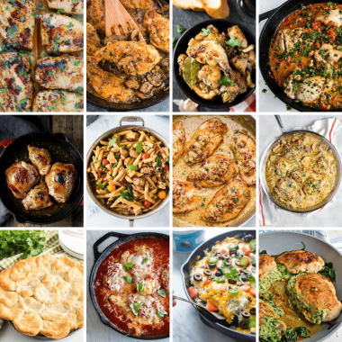 16 image collage of chicken skillet recipes