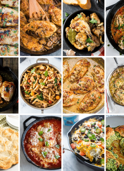 16 image collage of chicken skillet recipes