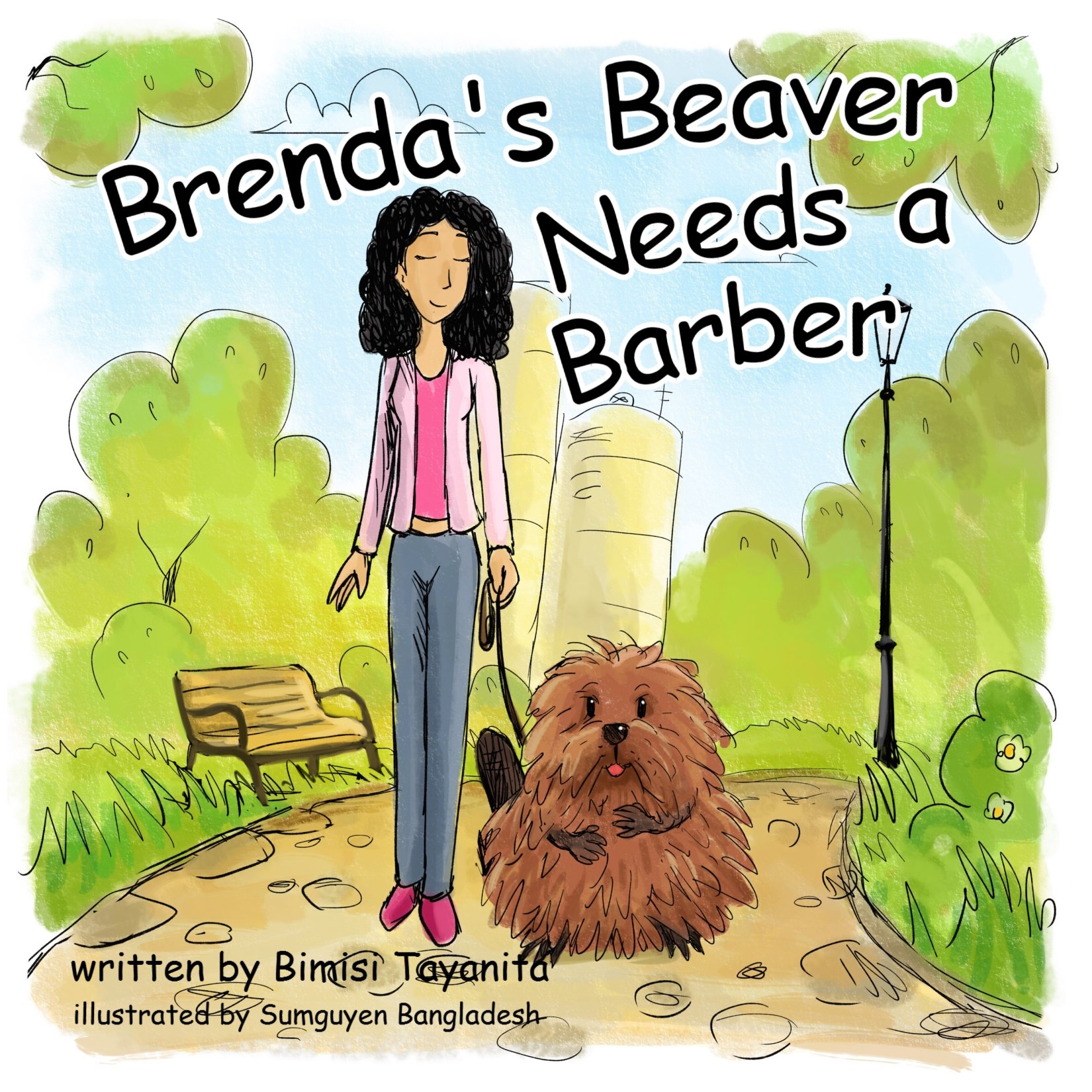 brenda's beaver needs a barber book cover with woman holding leash on a beaver