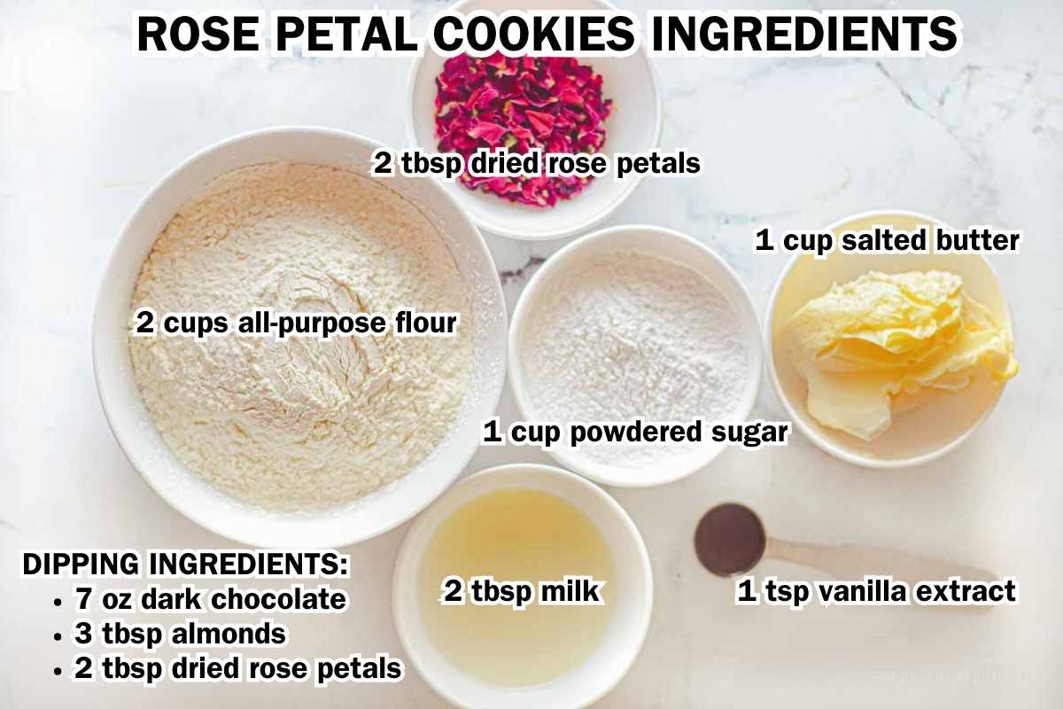 Ingredients for rose petal cookies including flour, powdered sugar, butter, milk, vanilla and rose petals.