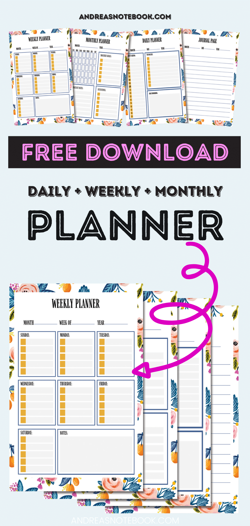 Cute Free Printable Planner Daily, Weekly, Monthly Andrea's Notebook