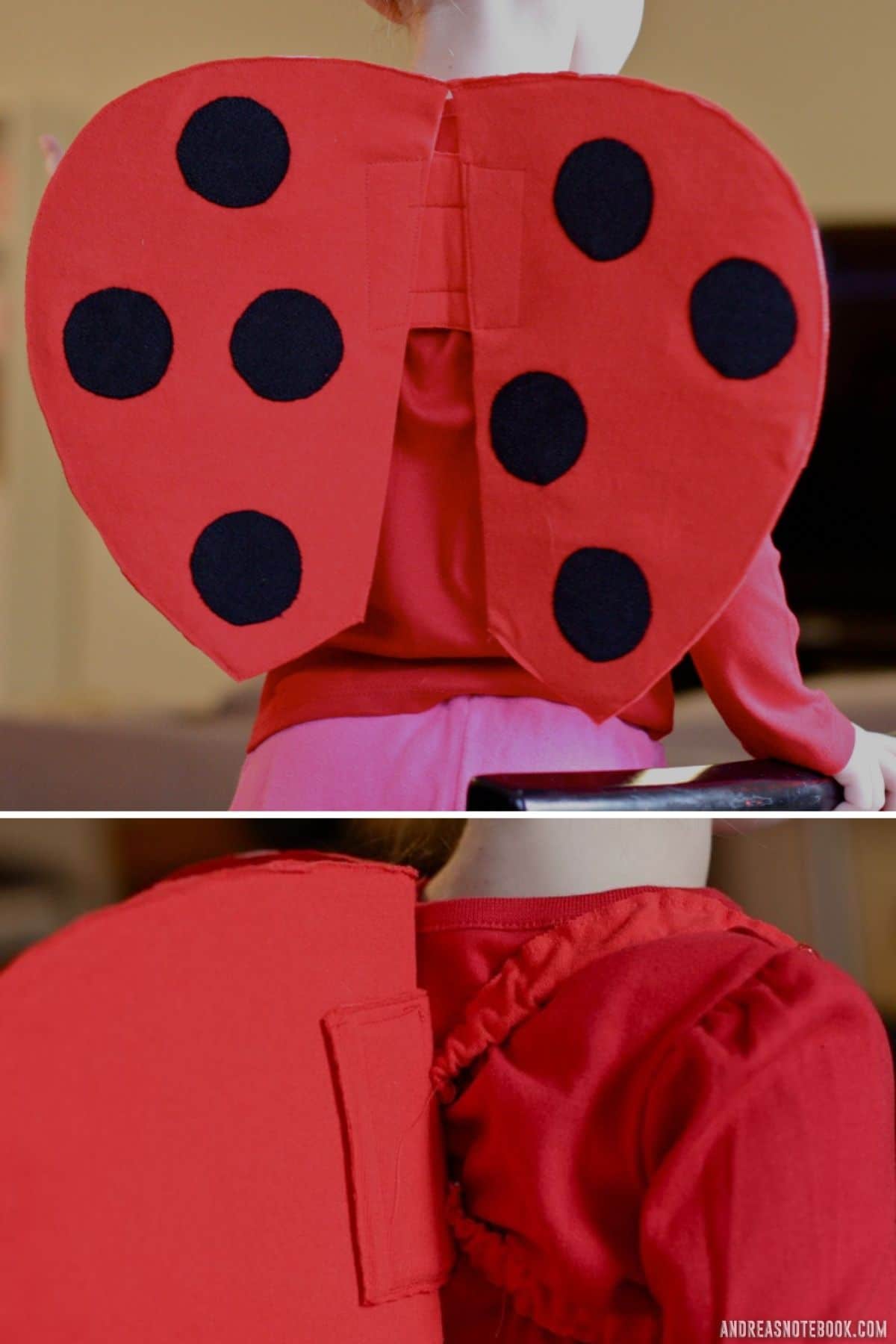 Collage of girl wearing red ladybug wings.