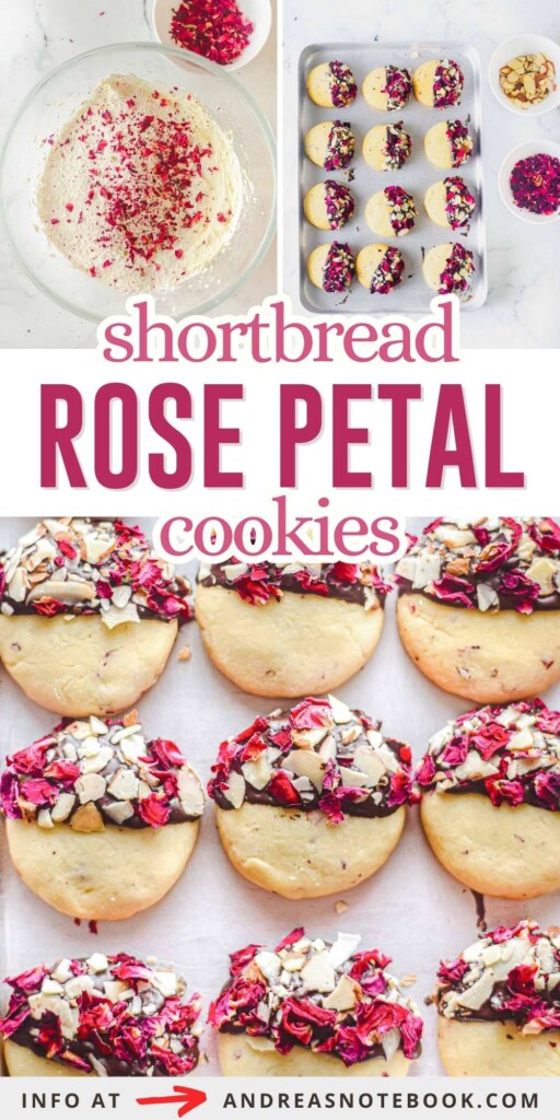Collage of rose petal shortbread cookies.