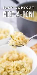 the best copycat rice-a-roni- three images of homemade rice pilaf with ozo displayed in a white bowl and black saucepan.