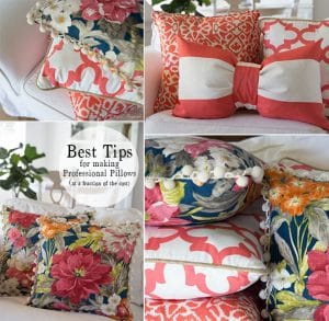 collage of bright floral sofa pillows with pom pom edges and piped edges. how to make a pillow cover with zipper