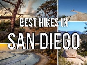 text: best hikes in san diego: 4 images - torrey pines hike, potato chip rock hike, beach hikes and a dessert hike with rocks