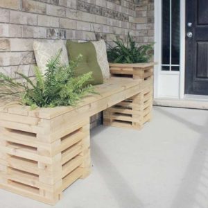 plain wood stacked wood planter and bench combo