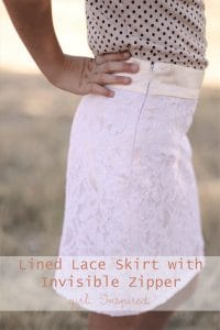 closeup of girl or woman in white lace a-line skirt with side zipper closure made with an invisible zipper foot
