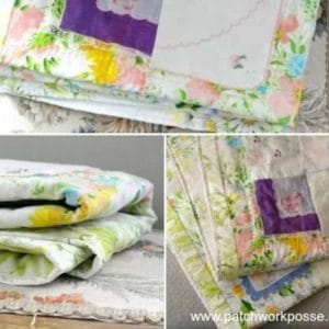 collage up close up images of a quilt made out of vintage sheets and hankies