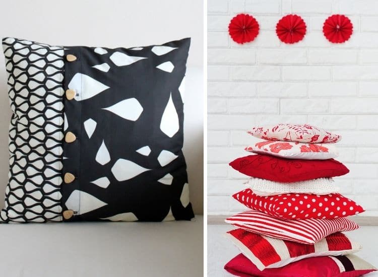 two images. Left side: black and white pillow with brown buttons up the front. Right side: red and white pillows stacked up in front of white brick wall - how to sew an envelope pillowcase
