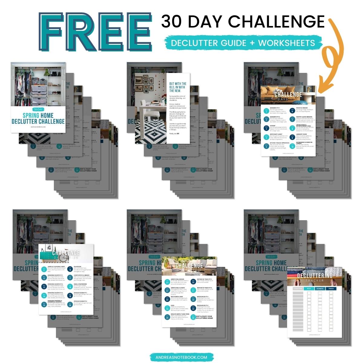 free 30 day challenge declutter guide and worksheet cleaning checklist - how to declutter your home, spring cleaning your messy house - stack of free PDF printables to help you declutter your home