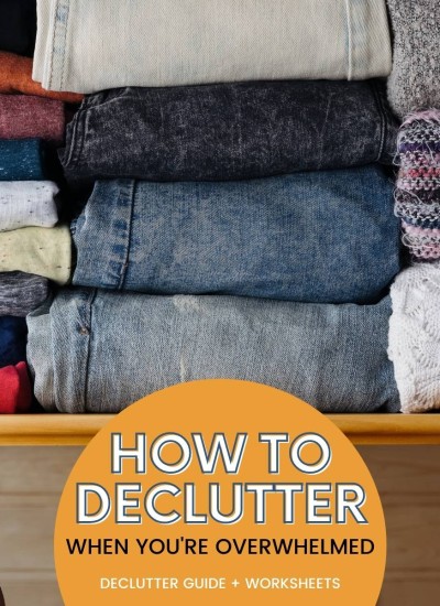 image of open clothing drawer with folded clothes inside. Text on image: how to declutter