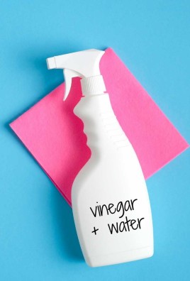 blue background with pink cloth. White spray bottle on top says "vinegar + water"