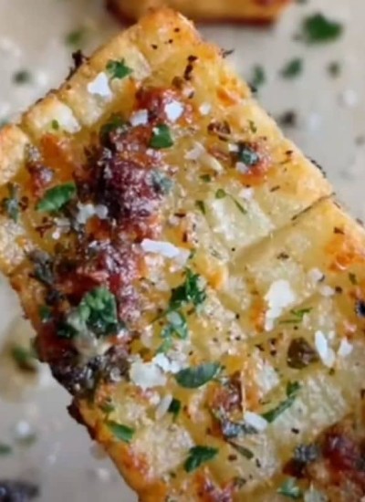 closeup of crispy potato square with sprinkles of parmesan and parsley on top