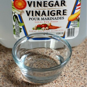 White vinegar in a glass bowl in front of a vinegar container.