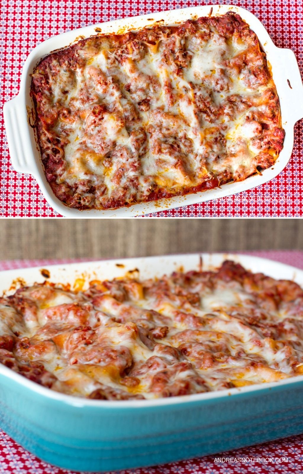 Collage of a cheesy lasagna recipe without ricotta cheese in a casserole dish.