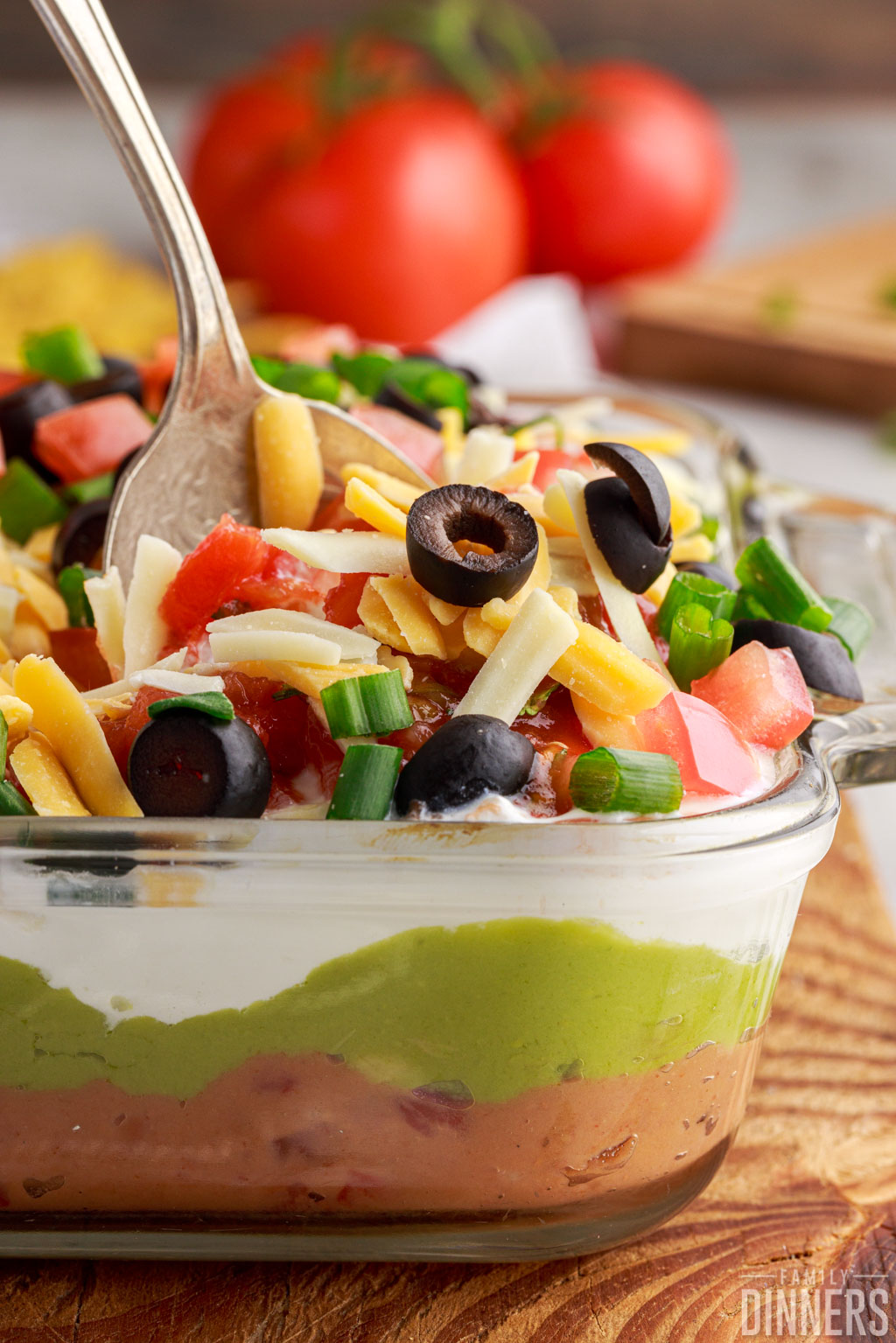 7 layer dip in a baking dish.