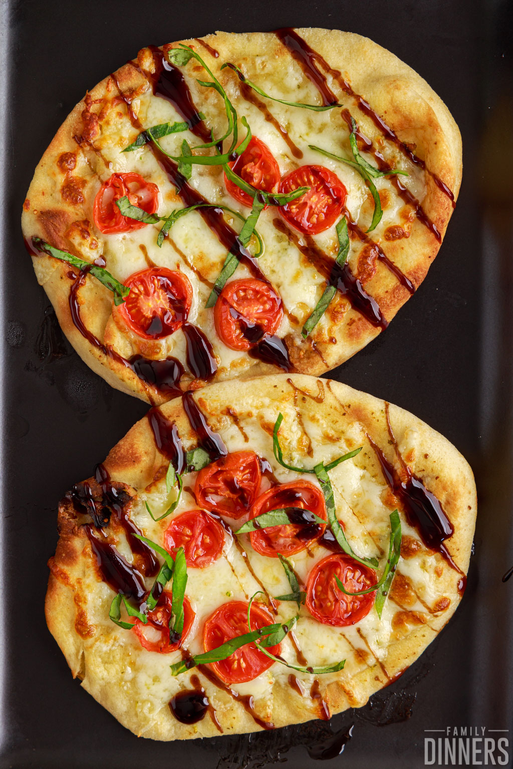 air fryer naan pizza with caprese toppings.
