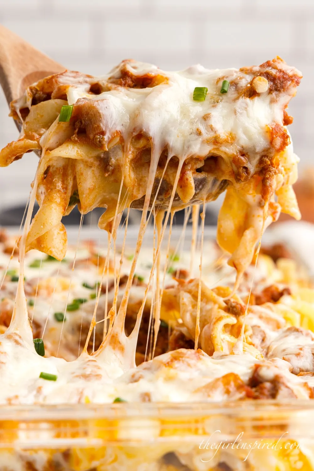 Sour cream noodle bake in a baking dish.