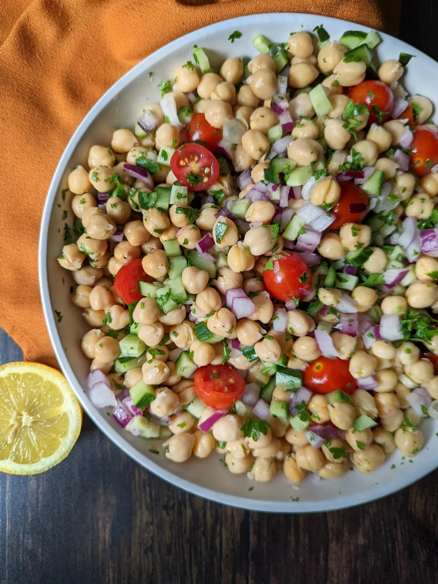 Chickpea salad in a bowl.