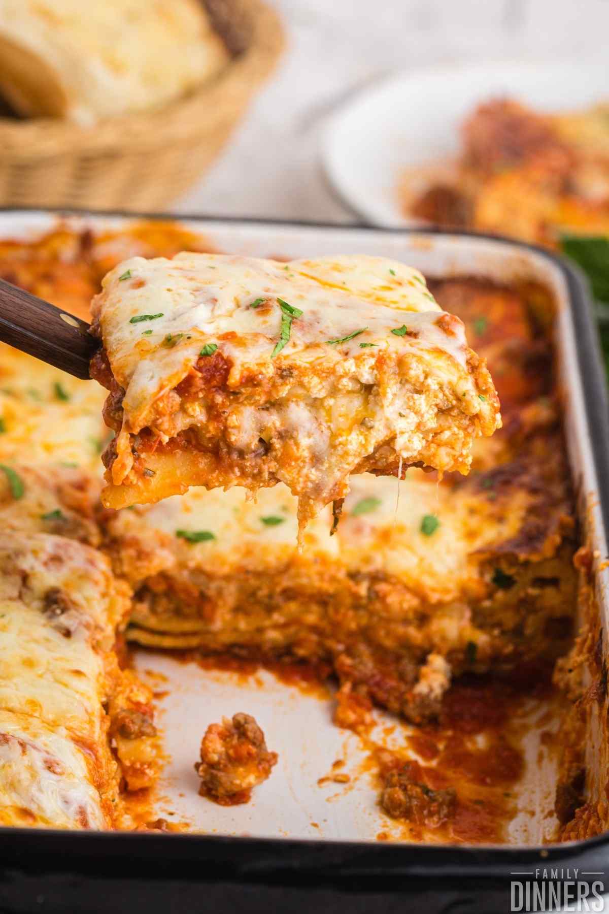 Large pan of lasagna for a potluck dinner.