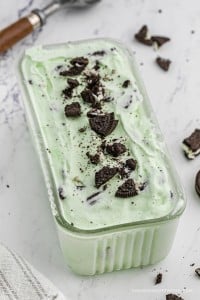 Mint oreo cookie ice cream in a loaf pan.