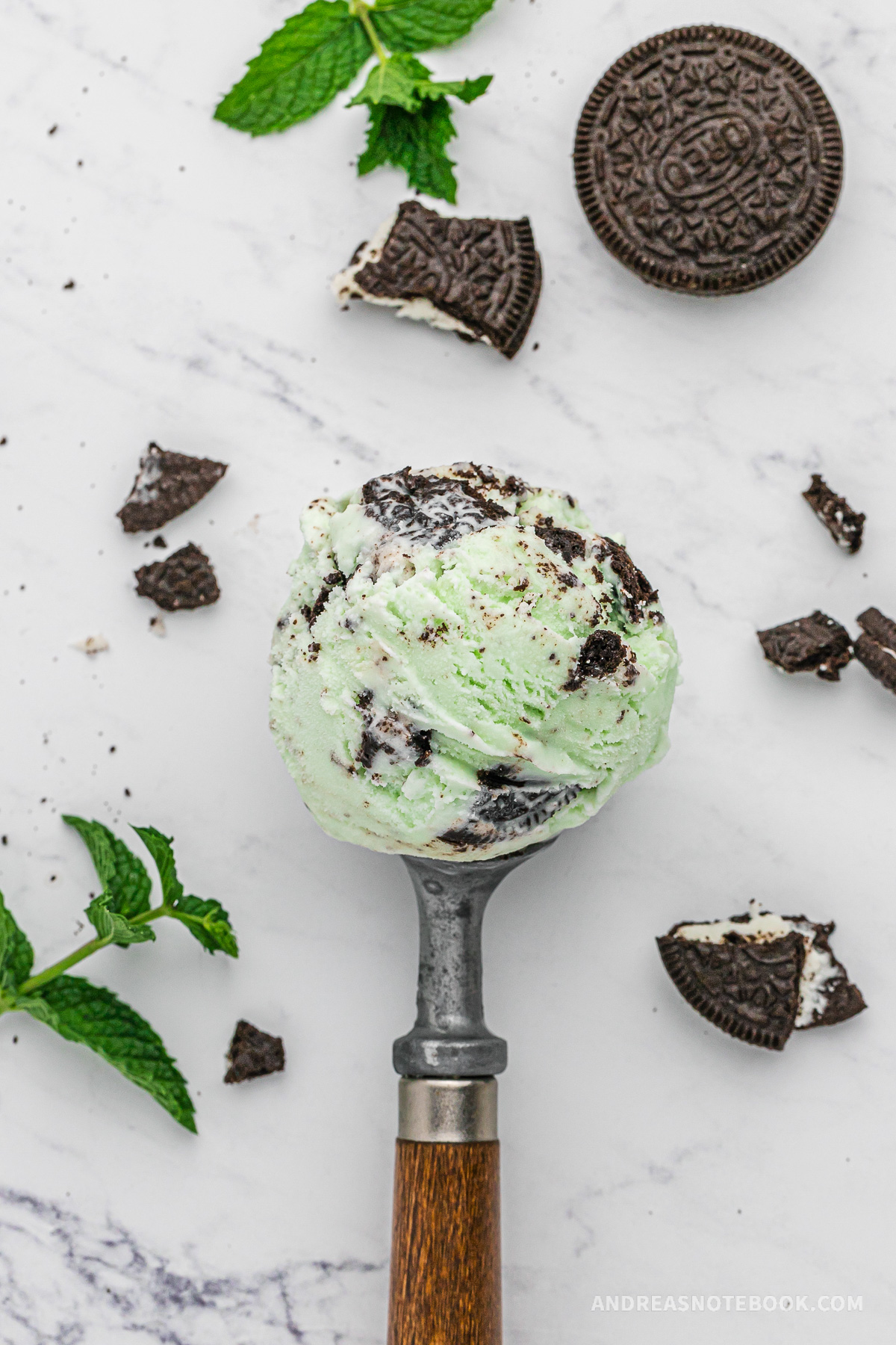 Scoop of easy homemade mint oreo cookie ice cream.