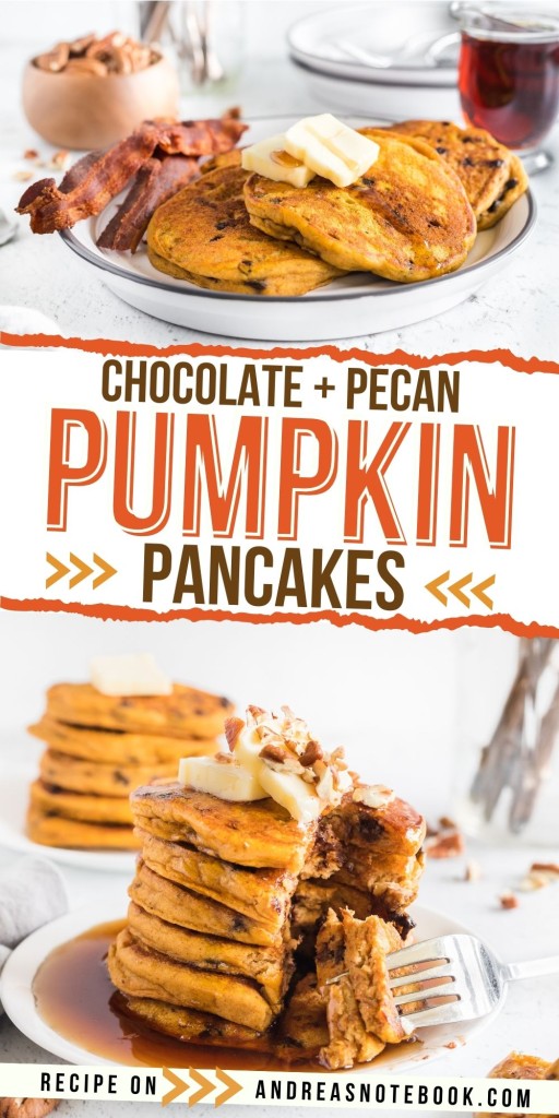 chocolate and pecan pumpkin pancakes collage.