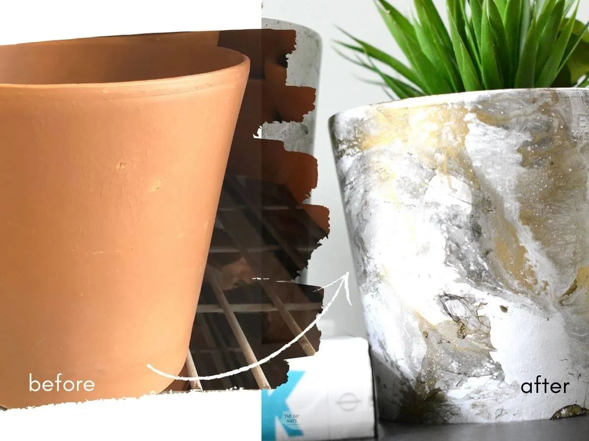 DIY faux marble painted flower pots.