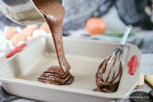 Brownie batter poured into pan.