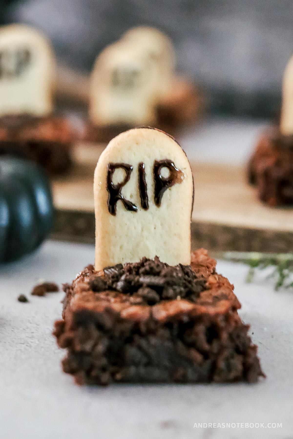 Brownie with RIP headstone.